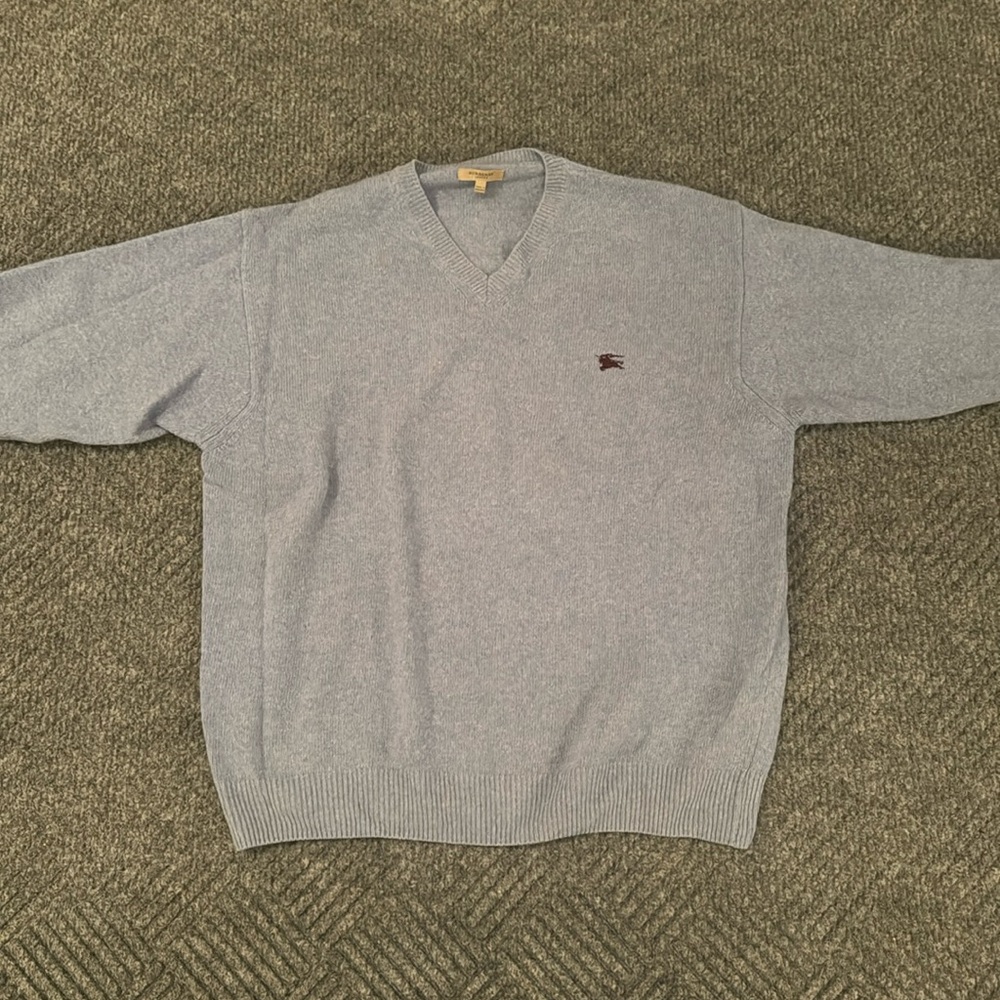 Burberry Men's V-Neck Sweater Baby Blue Logo Size XL